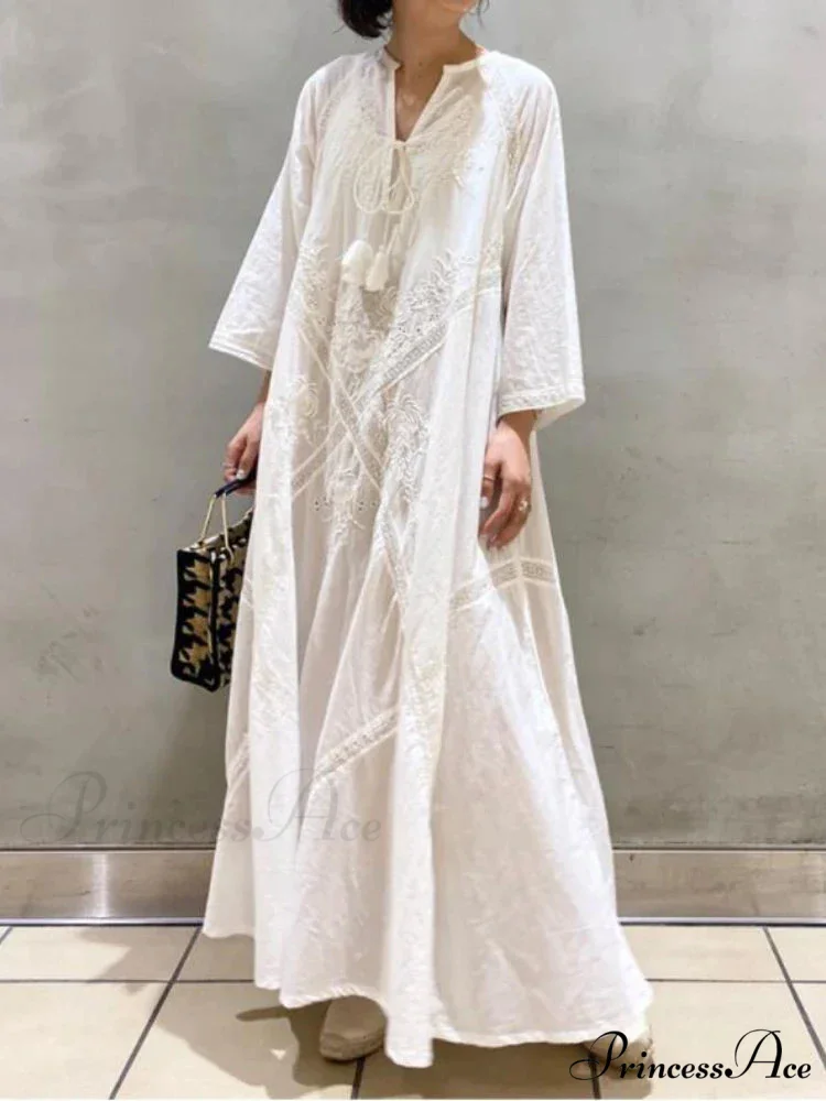 Cotton Linen Beach White V Neck Embroidered Boho Dress - Image 2