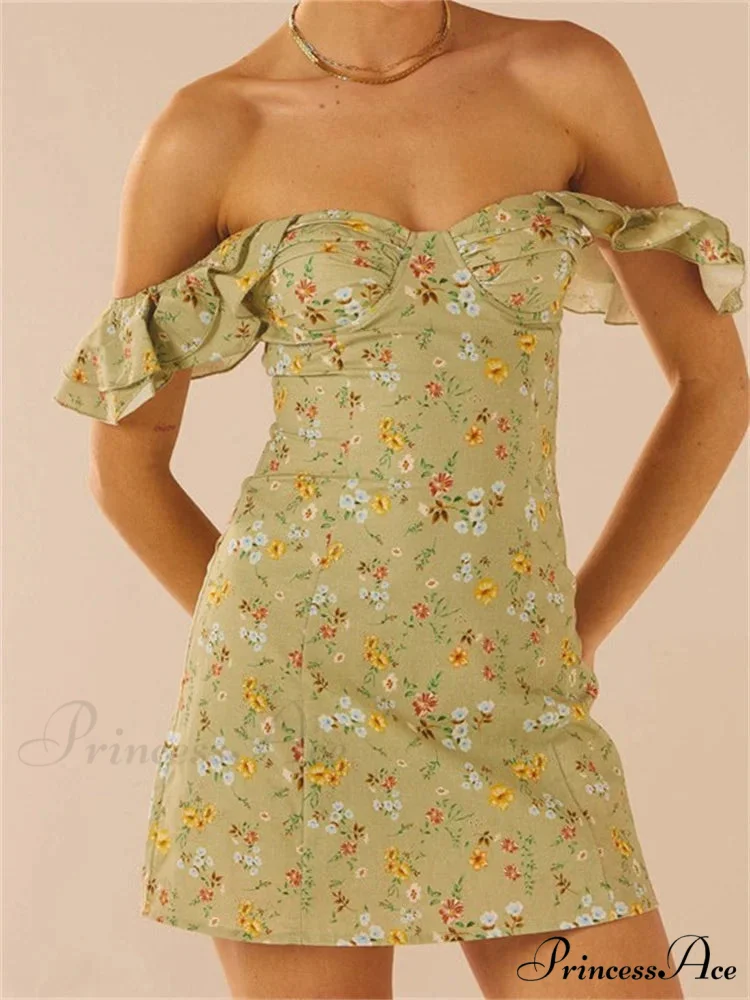 Off Shoulder Casual Sleeveless Floral Print Ruffle Trim Mini Dress - Image 2