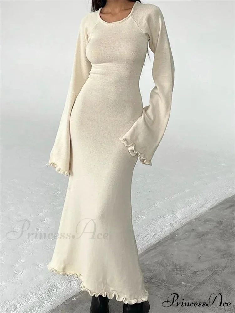 Women Knitted Flare Sleeve Backless Tie-up Round Neck Solid Color Ruffles Hem Beachwear Vestido