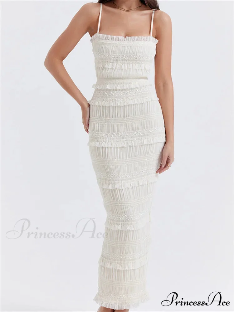 Y2K Ruched Sleeveless Strap Sling for Women Ruffles Square Neck Low Cut Back Split Female Vestidos
