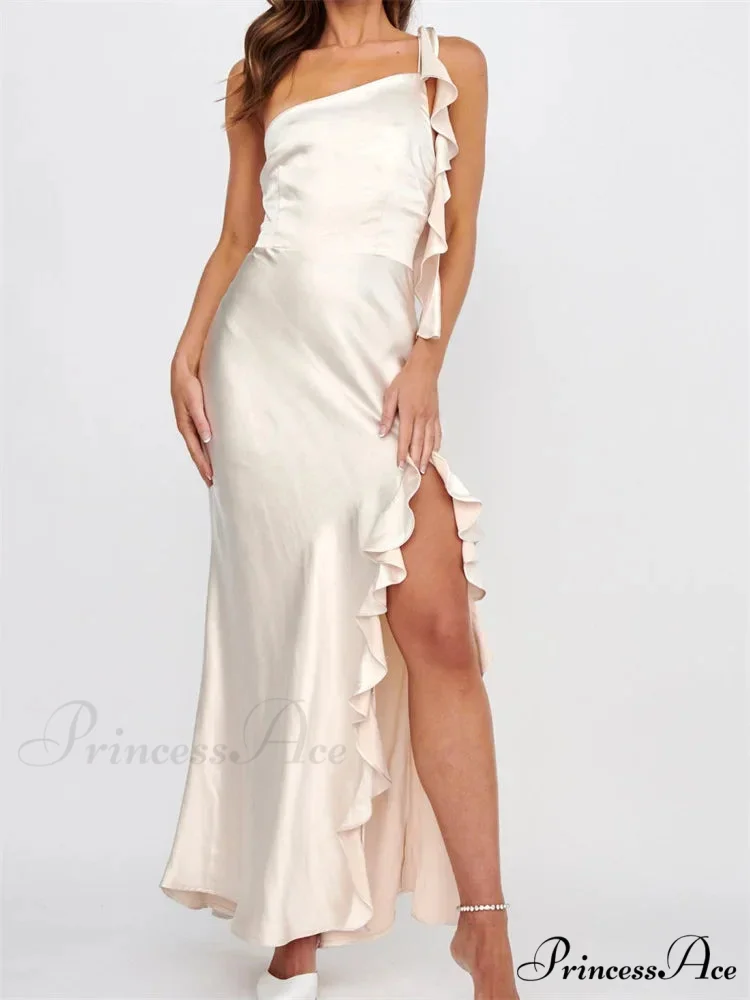 Women Summer Evening Sleeveless Strap Backless Off Shoulder High Split Ruffles Party Female Vestidos