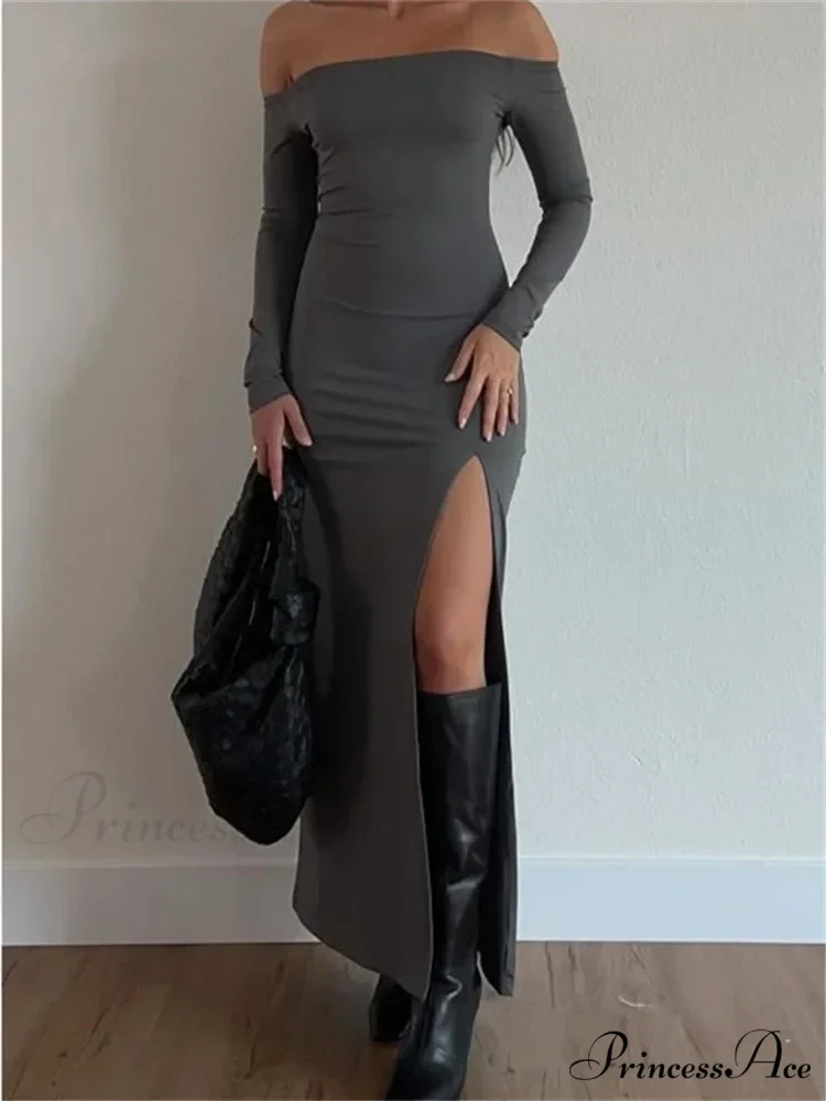 Women Off-Shoulder Solid Color Sleeve Side High Split Slim Fit Party Spring Fall Vestidos
