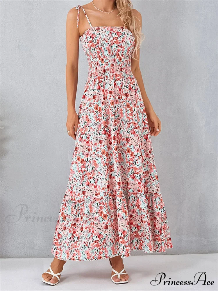Vintage Women Sleeveless Tie-up Spaghetti Strap Floral Print Summer Party Beach Female Vestidos