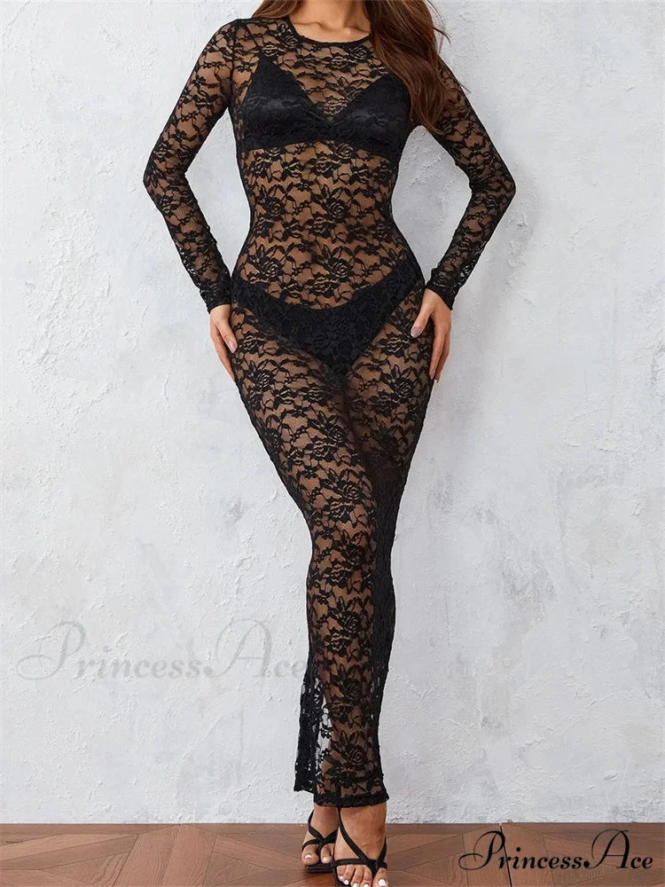 Women Lace Floral See Through Vintage Sleeve Round Neck Solid Back Split Party Female Vestidos - Image 4