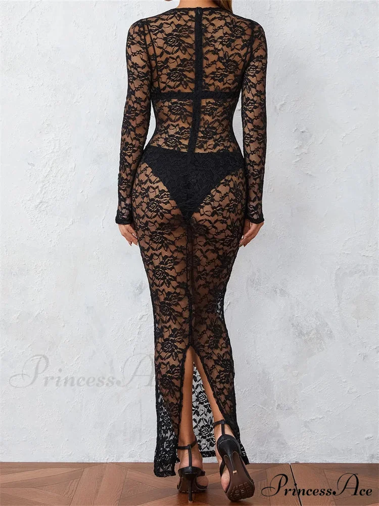 Women Lace Floral See Through Vintage Sleeve Round Neck Solid Back Split Party Female Vestidos - Image 5