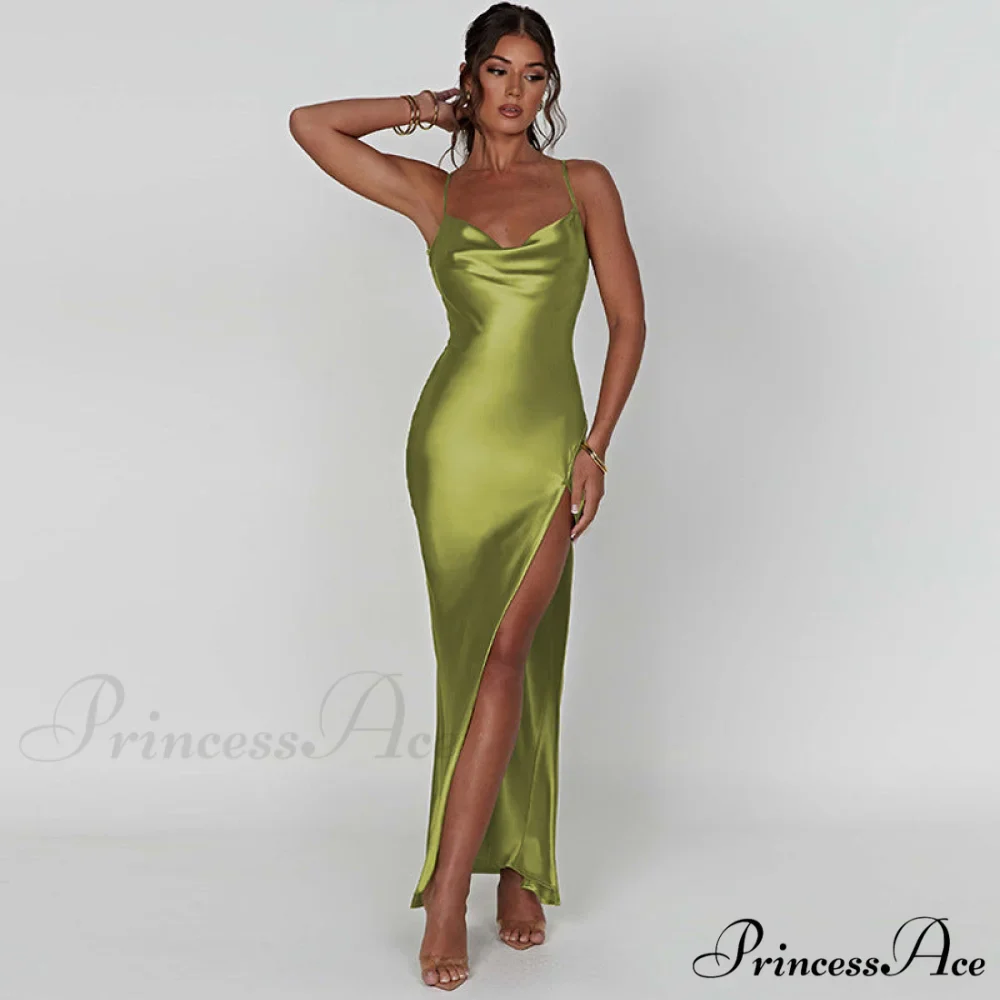 Elegant Women Satin V-neck Low Cut Spaghetti Strap Backless Ruched High Split Party Female Vestidos - Image 10