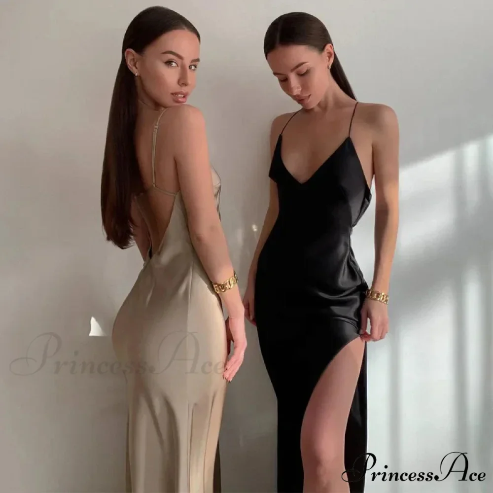 Satin Spaghetti Strap Summer Split V-neck Elegant Sleeveless Backless Club Party Outfits Sexy
