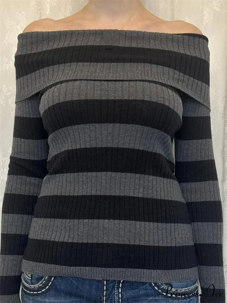 Retro Slash Neck Off Shoulder RibbedLong Sleeve T-shirts