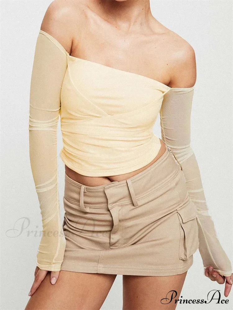 Slash Neck Off Shoulder Mesh See Through Long SleeveT-shirts