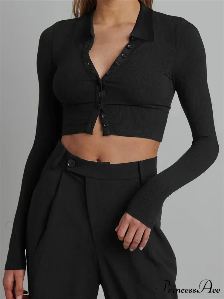 Solid Color Long Sleeve Basic Cropped Ribbed T-shirts