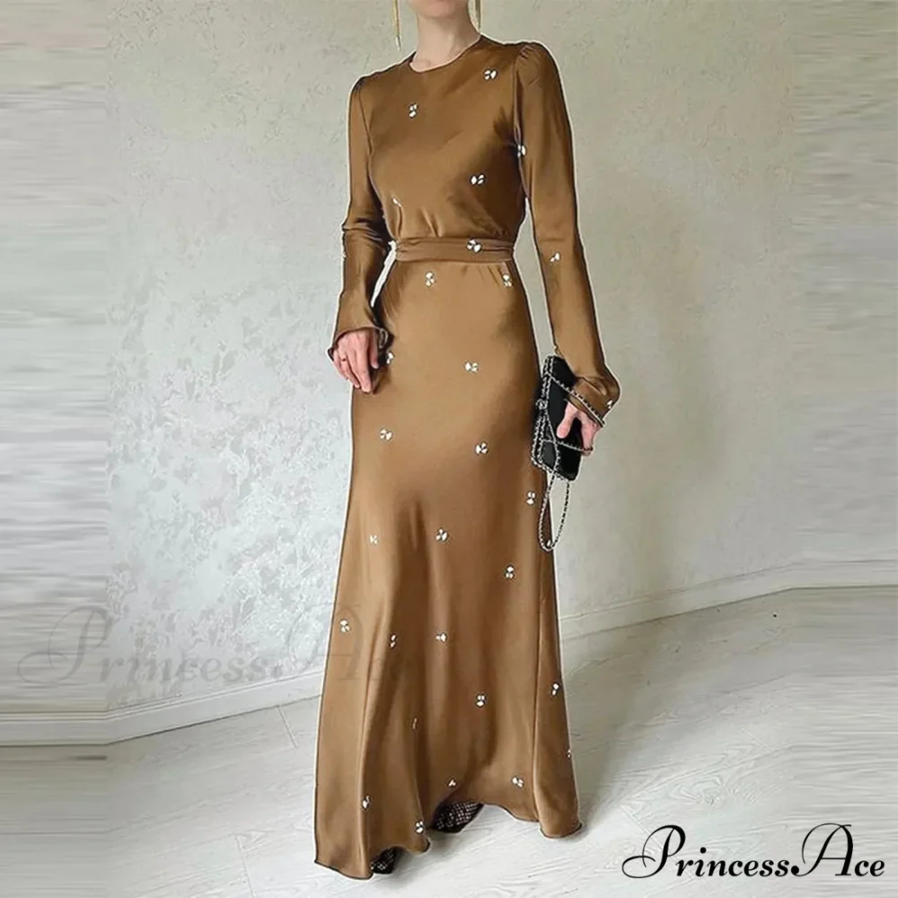 Spring Autumn Elegant Floral Printed Puff Sleeve Nipped Waist Slim Fit Round Neck Maxi Streetwear Dress