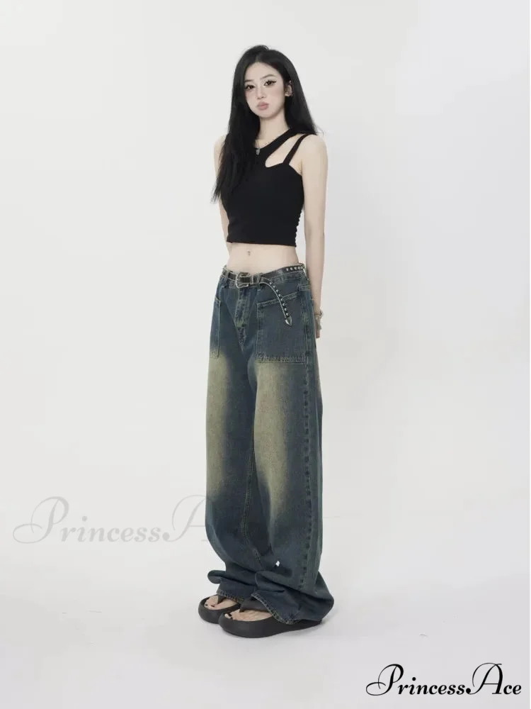 High Street Trendy Brand Summer Retro Straight Tube Floor Sweeping Denim Jean