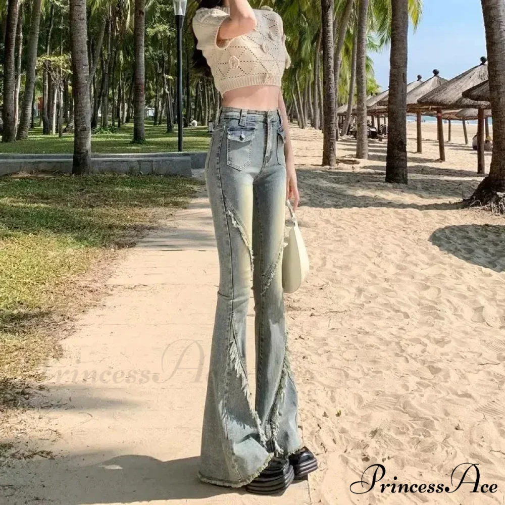 Minimalist Literary Versatile Japanese Dark Micro Flared High Waisted Fashion Jean