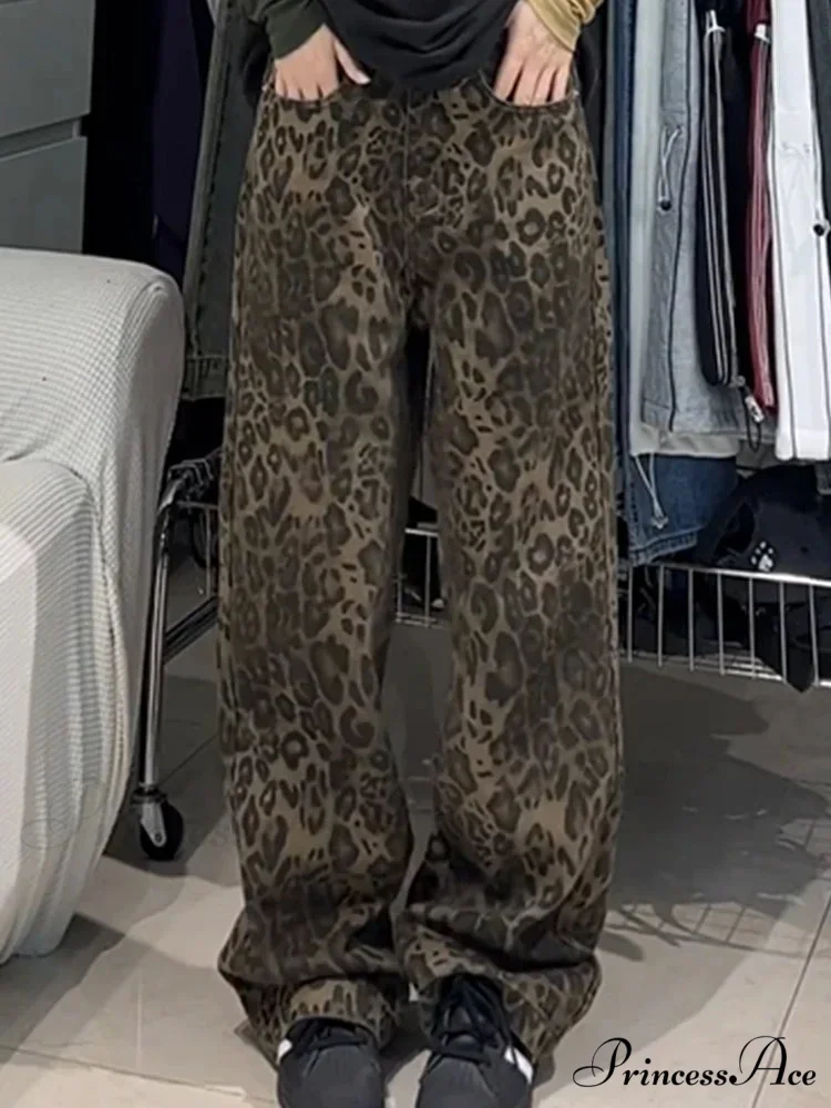 Wide Leg Leopard Print Women High Waisted 2024 Y2k Fashion Streetwear Retro Denim Baggy Casual Straight Jean