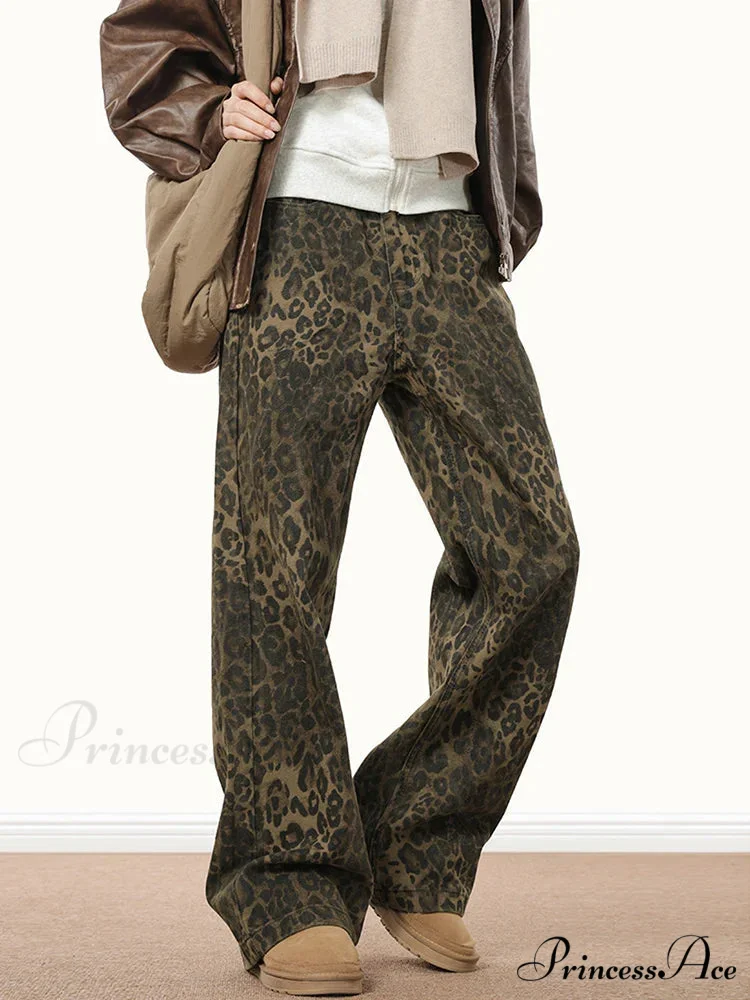 Wide Leg Leopard Print Women 2024 Y2K High Waisted Fashion Streetwear Retro Denim Baggy Casual Straight Jean