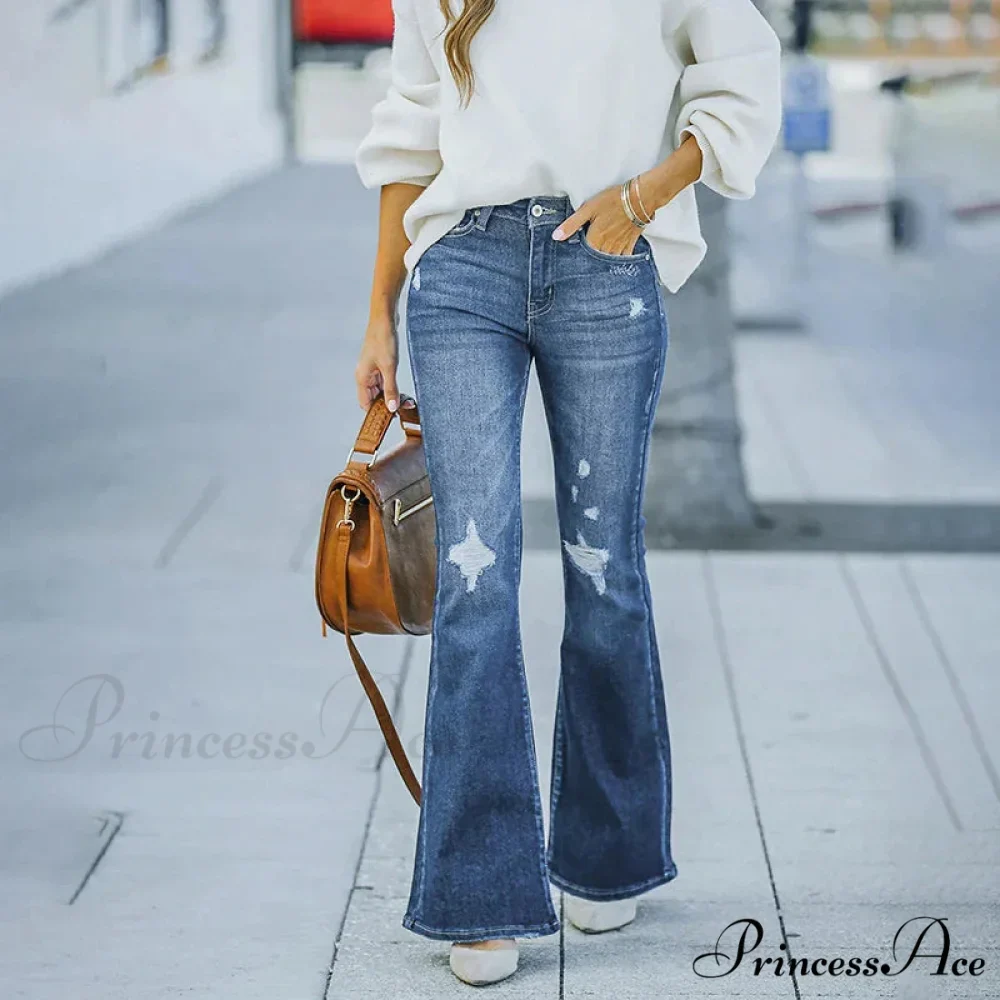 Women's Flare Stretch Vintage Fashion Streetwear Ripped Casual High Waist Full Length Slim Jean
