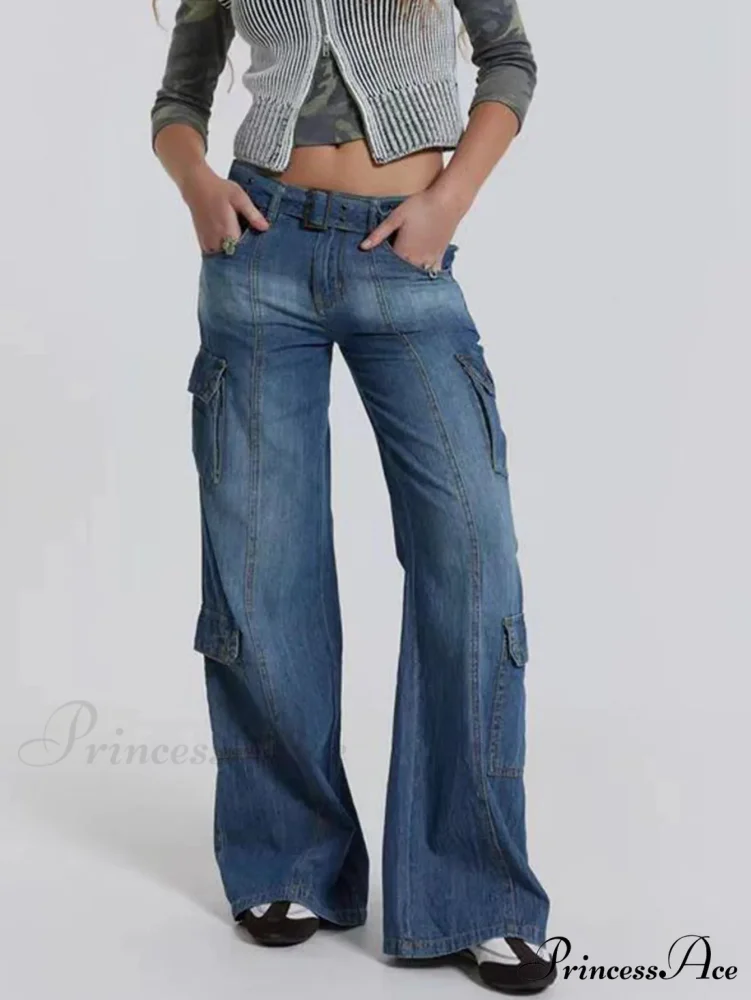 Wide Leg High Waist Patchwork Baggy Cargo Streetwear Y2k Vintage Denim Jean Stylish Loose High Waist Solid Color Casual Wild Wide Leg Multi Pockets Jean 2024 New Skinny Elastic Denim High-Waisted European American Style Pack Hip Pencil Jean