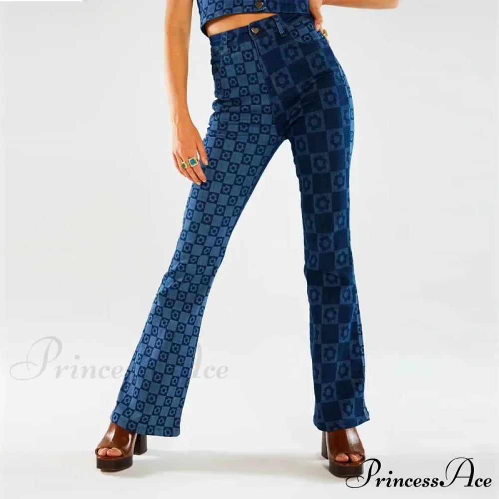 Stretch Fashion Print Women's High Waist Flare Women Long Summer Casual Streetwear Denim Pant Jean