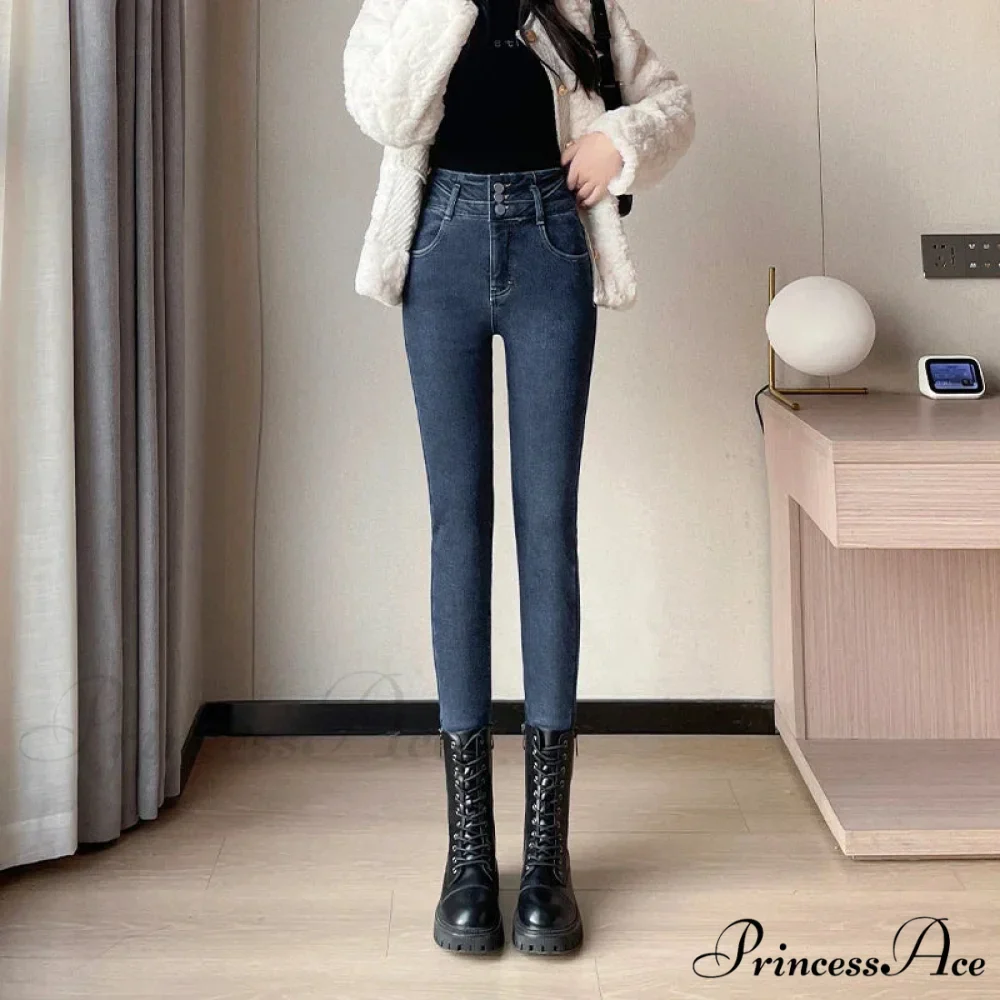 Winter Plus Velvet Warm Women Thickened High Waist Casual Slim Stretch Denim Trousers Skinny Pencil Pants Jean - Image 2