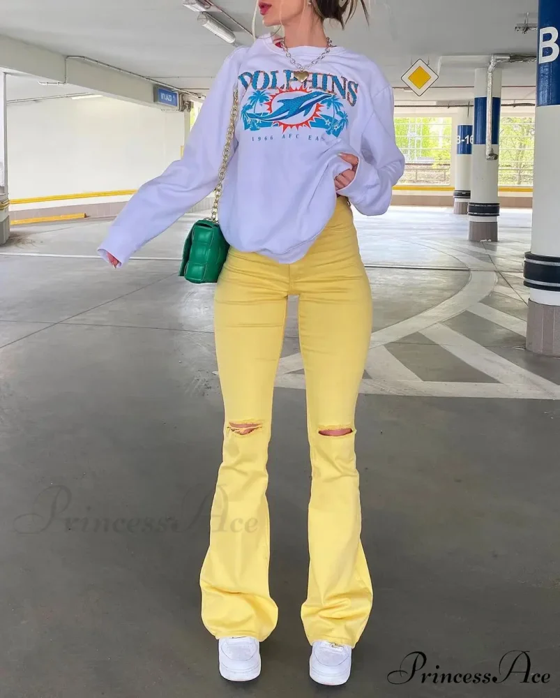 Yellow Ripped Women Flare Lady Stretch Vintage High Waist Denim Pants Lady Y2K Punk Streetwear Slim Bell Bottom Trousers Jean