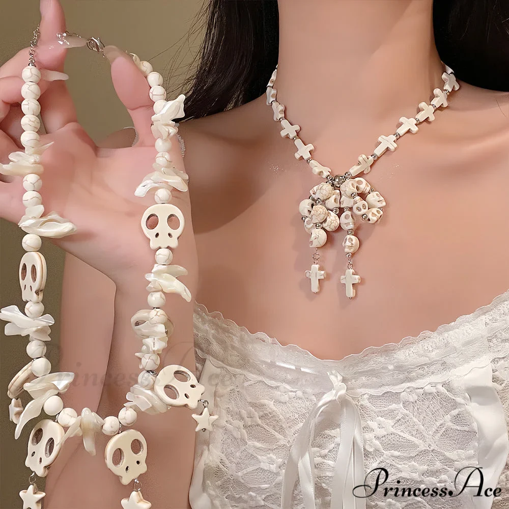 Punk Bow Skull Beaded Cross Star Pendant Necklace