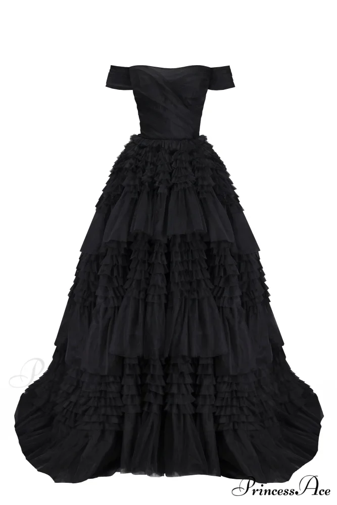 Black Off-The-Shoulder Stylish Frill-Layered Gown