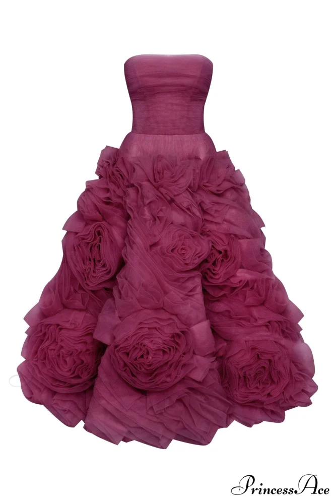 Dramatically Flowered Tulle Charming Dress In Wine Color
