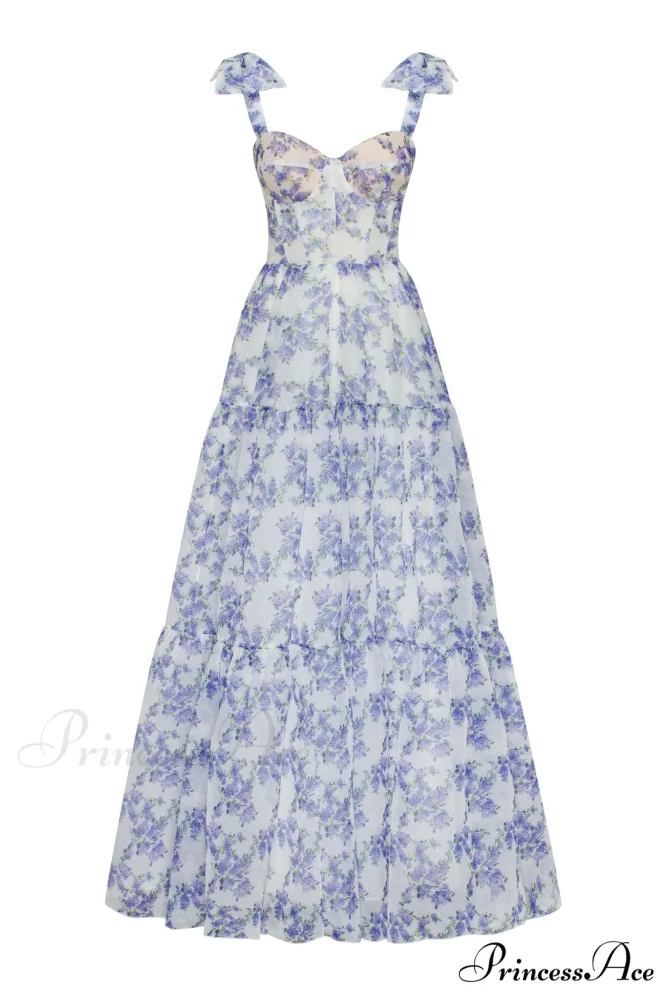 Blue Hydrangea Tender Charming Tie-Strap Maxi Dress