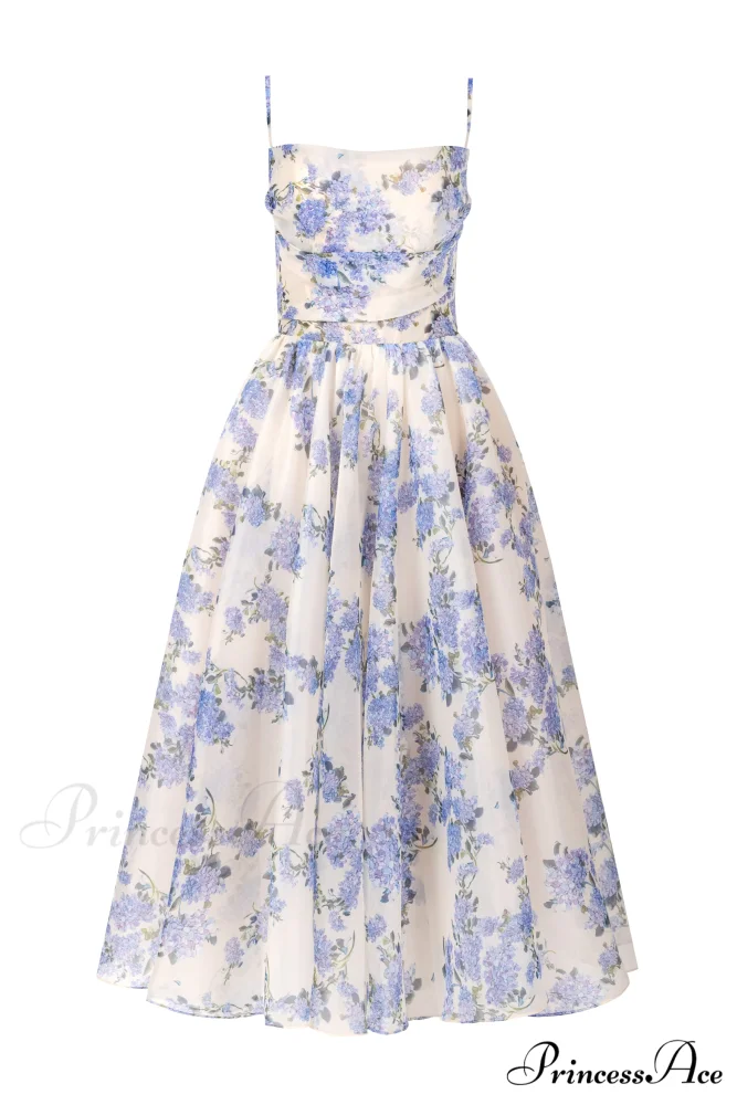 Hydrangea Spaghetti Stylish Strap Midi Dress