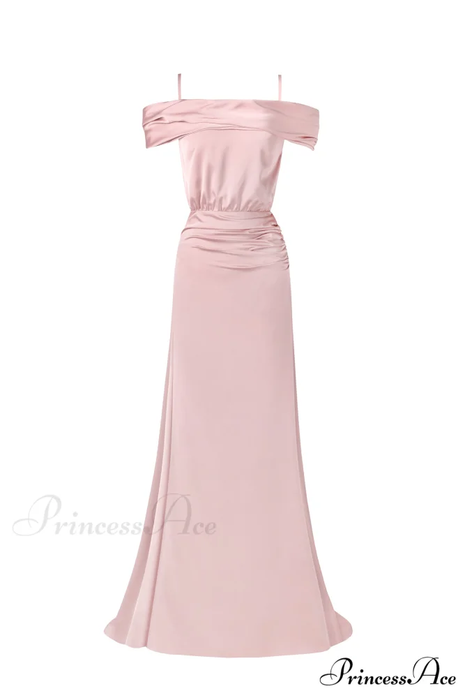 Elegant Misty Rose Charming Off-The-Shoulder Silk Maxi Dress