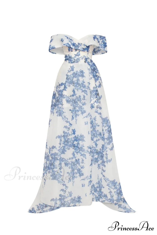 Catchy Off-The-Shoulder Blue Hydrangea Graceful Maxi Dress, Garden Of Eden