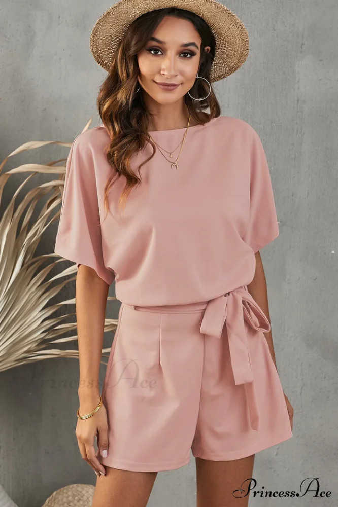 Elaine Tie Belt Charming Short Sleeve Romper