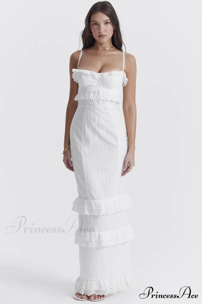 Eve White Stylish Broderie Maxi Dress