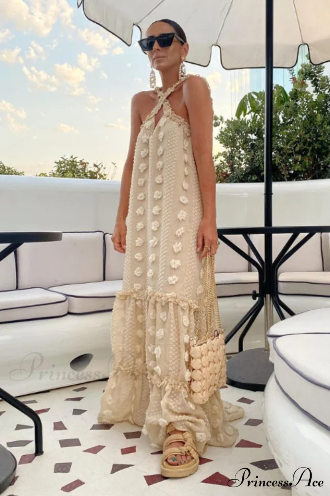 3D Flower Patchwork Charming Halter Maxi Dress