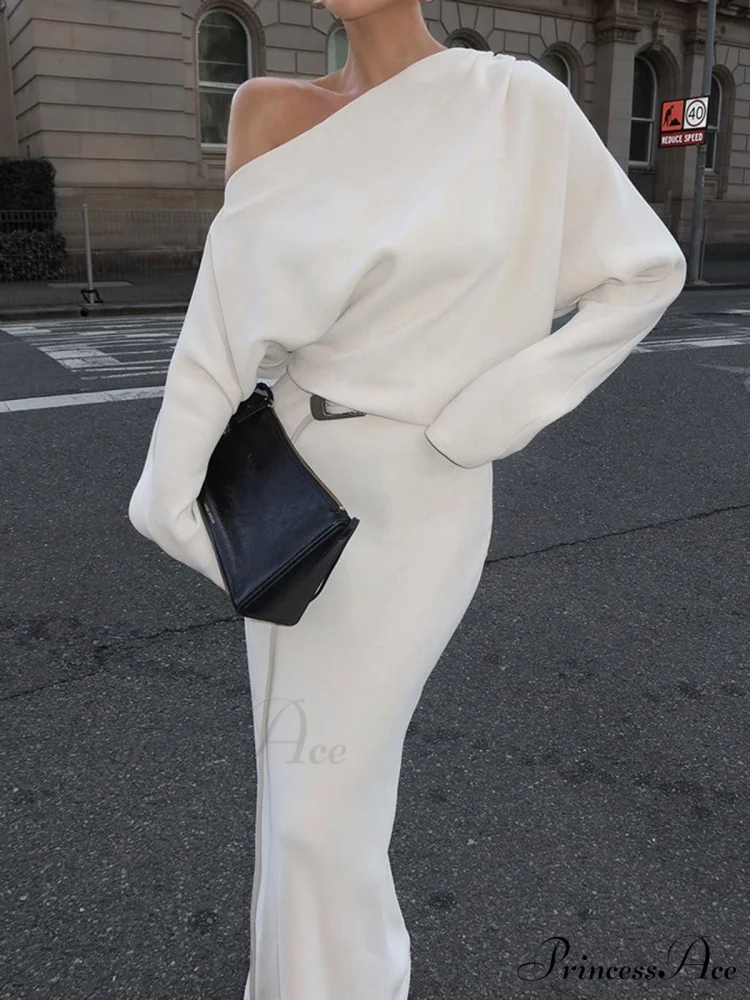 Asymmetrical Off Shoulder Solid Modern Long Sleeve Maxi Dress