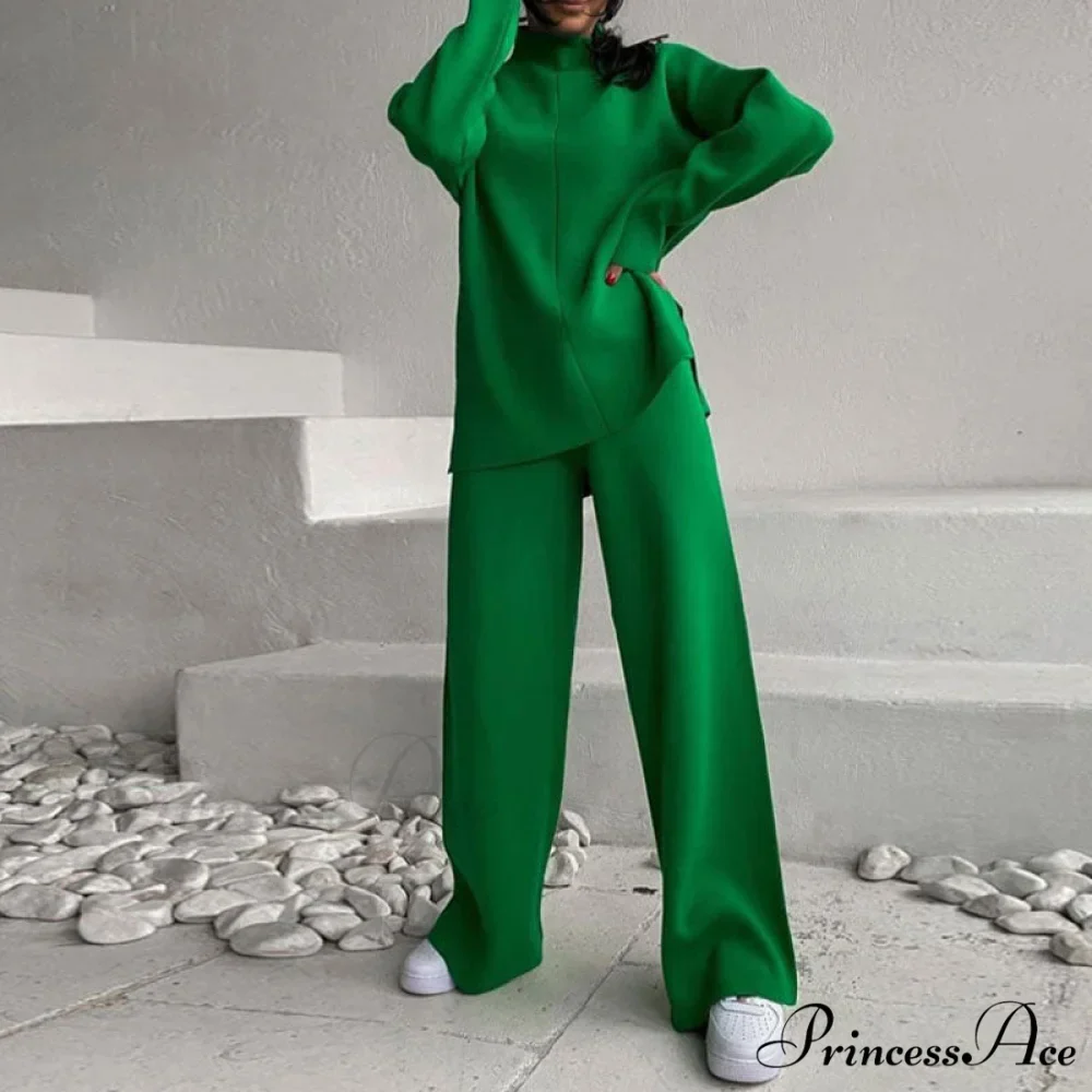 High Neck Rib Knit Pullover Sweater Sophisticated Wide Leg Pants Matching Set