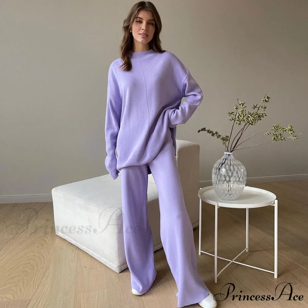 High Neck Rib Knit Pullover Sweater Sophisticated Wide Leg Pants Matching Set - Khaki