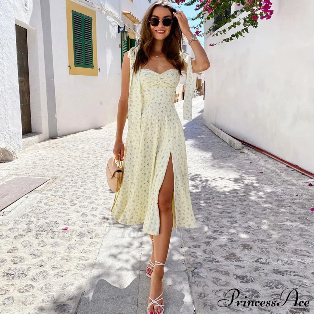 Adorable Daisy Printed High Slit Classic A-Line Slip Midi Sundress - White