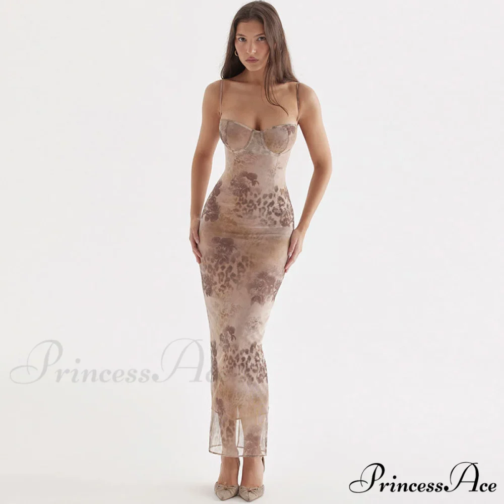 Flower Print Lace Trim Spaghetti Classic Strap Bodycon Midi Dress - Pink
