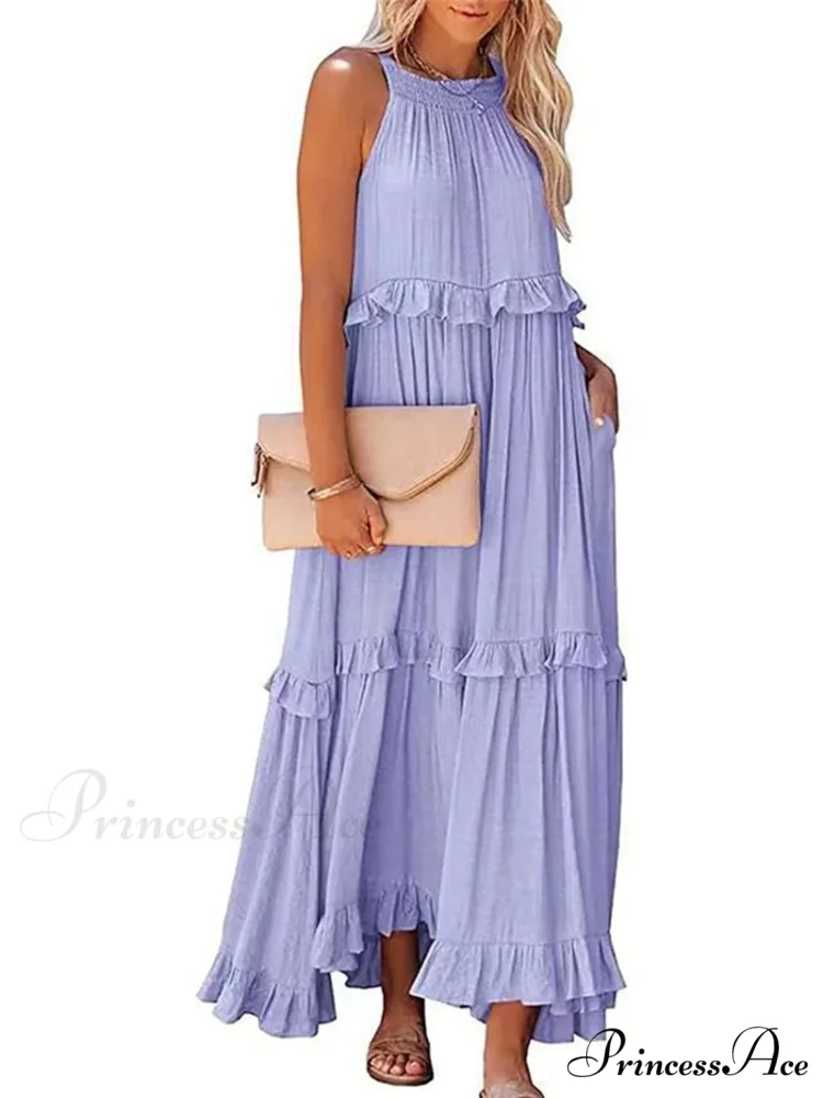 Casual Elegant Ruffle Halter Sleeveless Classic Female Party Outfits Beach Maxi Dress - Image 6