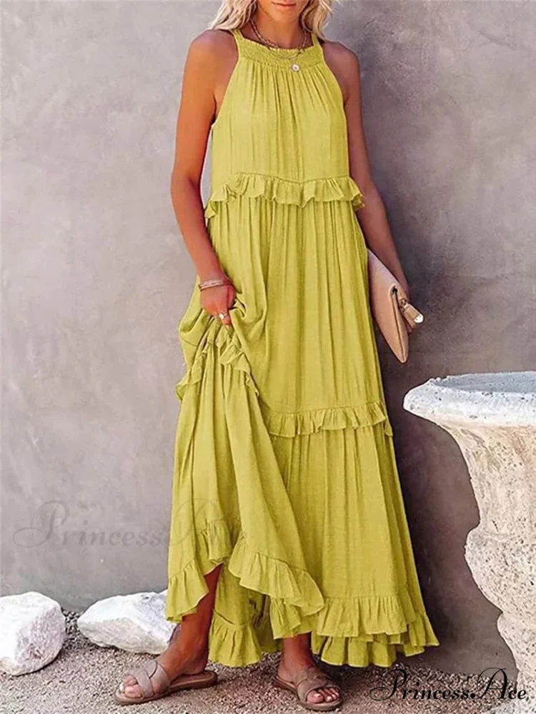 Casual Elegant Ruffle Halter Sleeveless Classic Female Party Outfits Beach Maxi Dress - Image 8