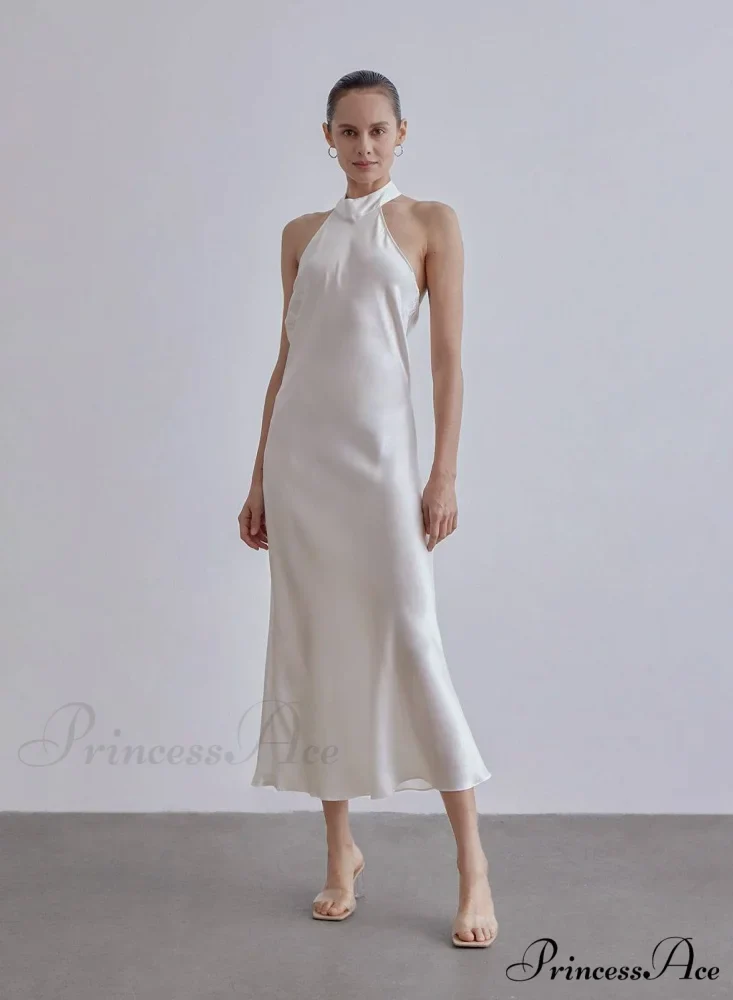 French Bow Halterneck Charming Silk Maxi Dress