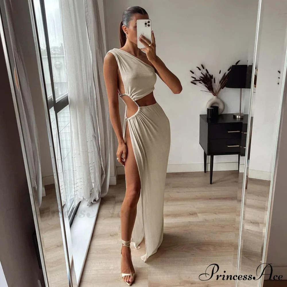 One Shoulder High Split Graceful O-Ring Long Maxi Dress - Image 20