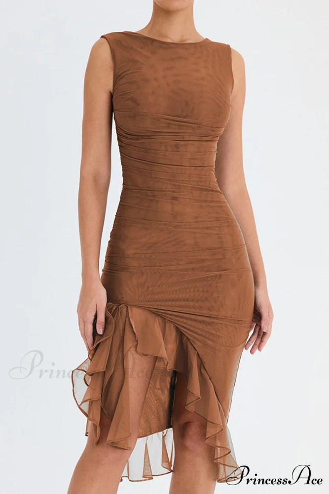 Mesh Ruffle Stylish Sleeveless Midi Dress - Image 19