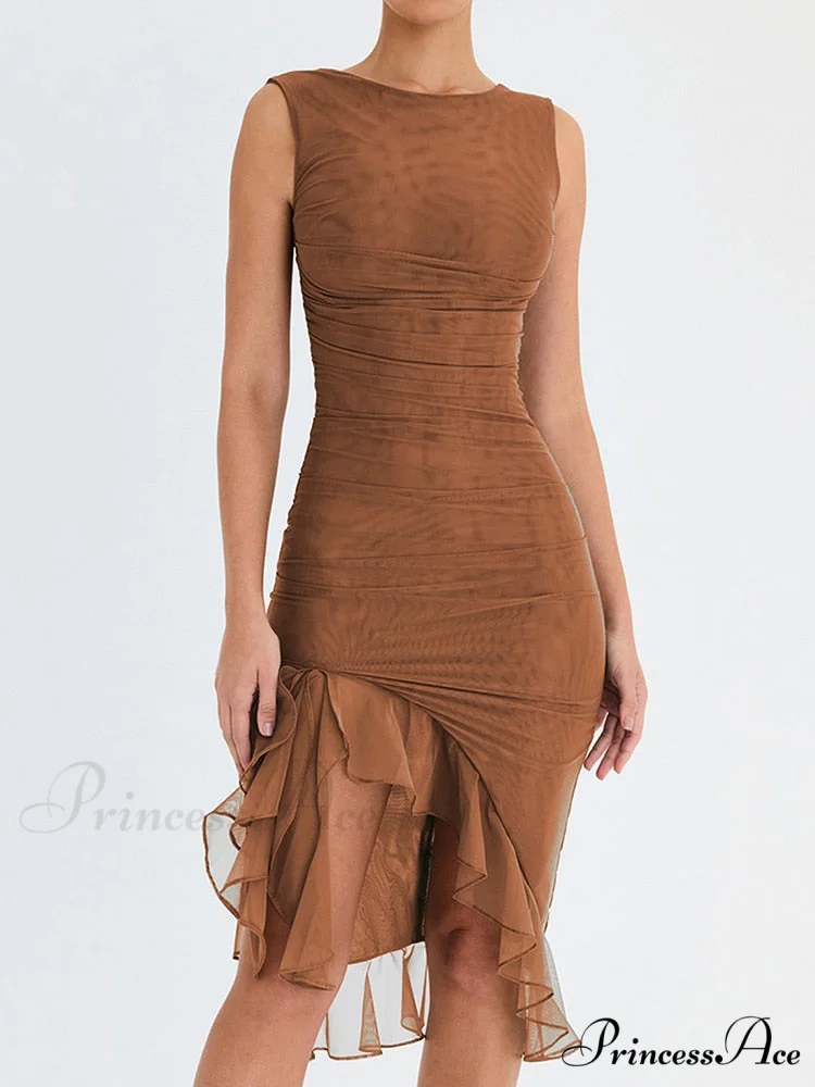 Mesh Ruffle Stylish Sleeveless Midi Dress - Image 3