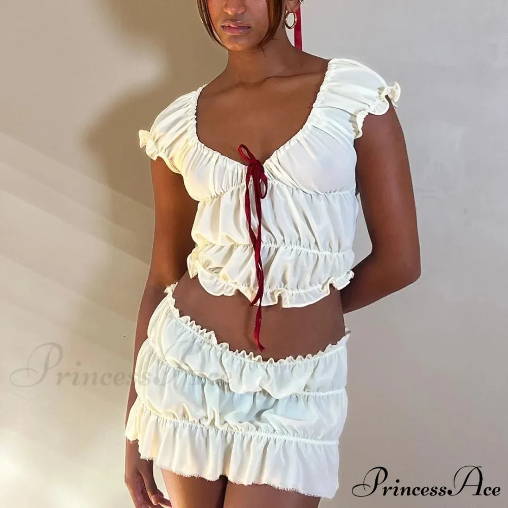 Ruched Short Sleeve Bow Graceful Top And Mini Skirt Set