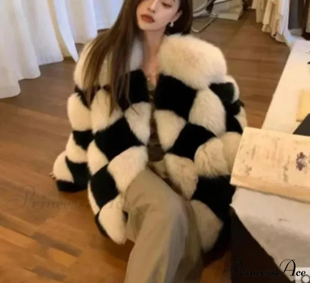 Checkerboard Faux Stylish Fur Coat