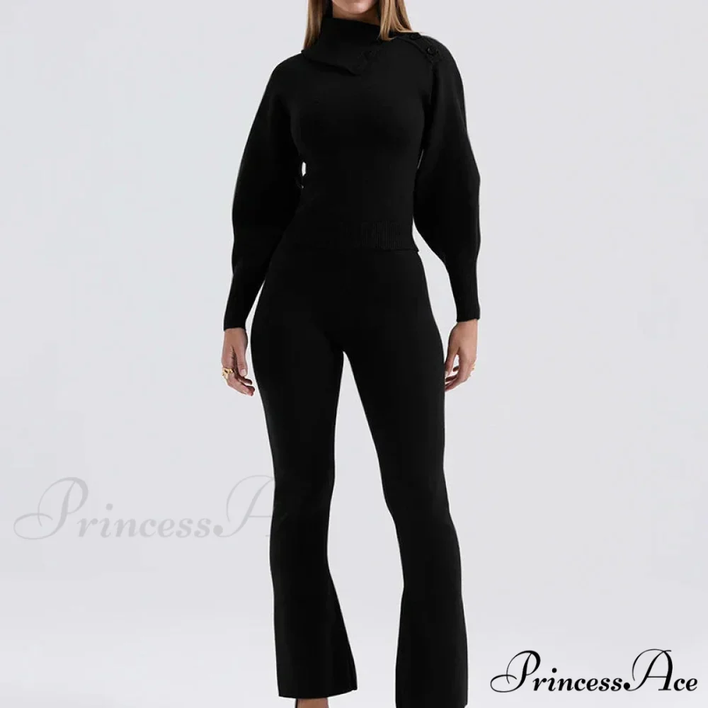 Knit Rib Long Sleeve Graceful Top And Pants Set - Image 2