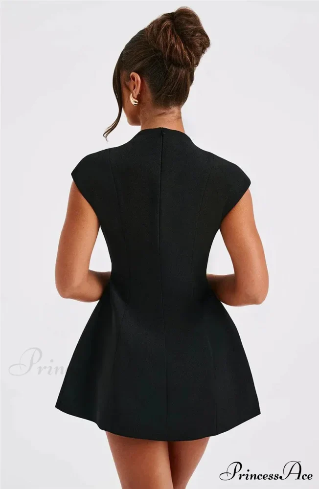 Black Deep Neck Short Graceful Sleeve Solid Mini Dress - Image 8