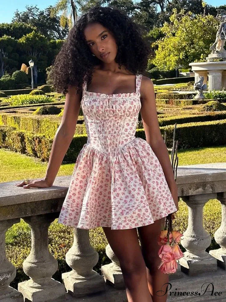 Printed Square Neck Charming Strap Corset Mini Dress
